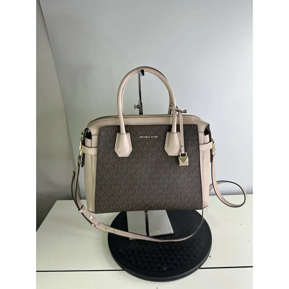 Michael Kors Mercer Medium Duffel Satchel Light Pink Stripe Leather Bag